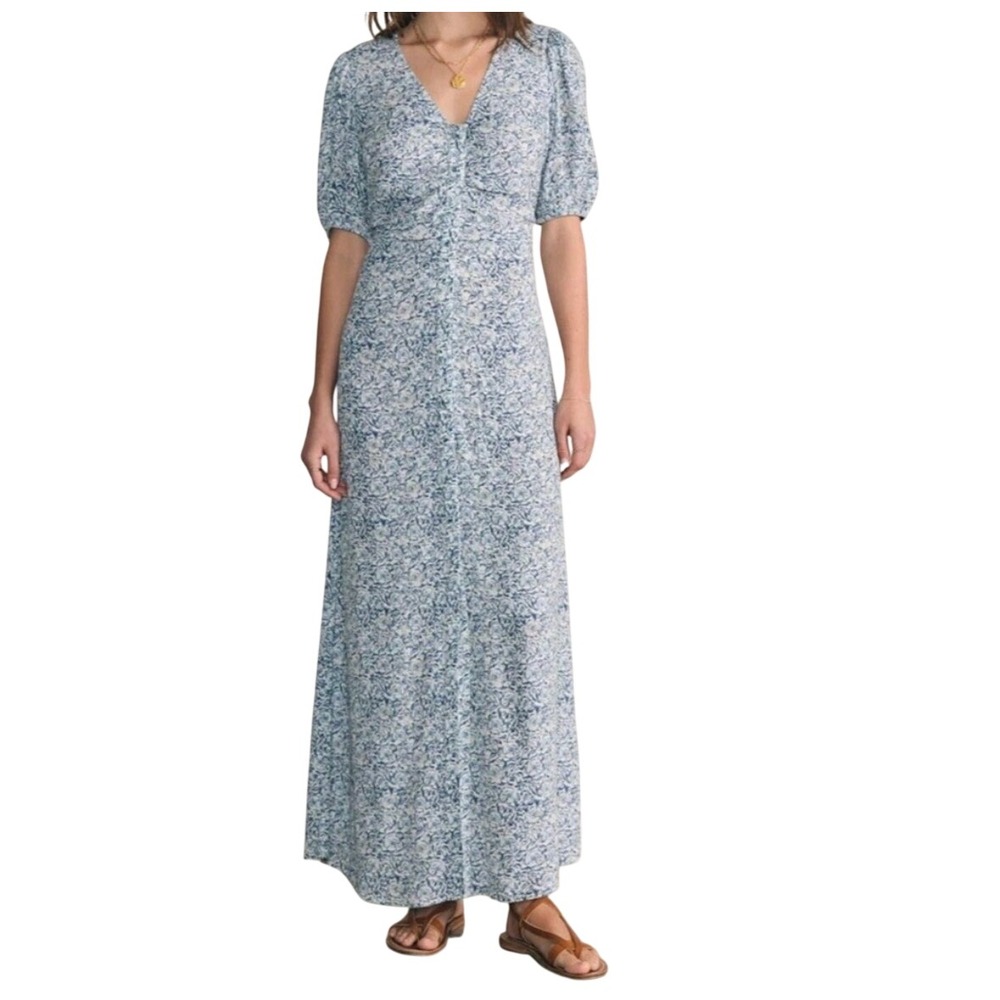 NWT Faherty Sorrento Dress Cream Imma Floral Blue Maxi V-Neck Short Sleeve S